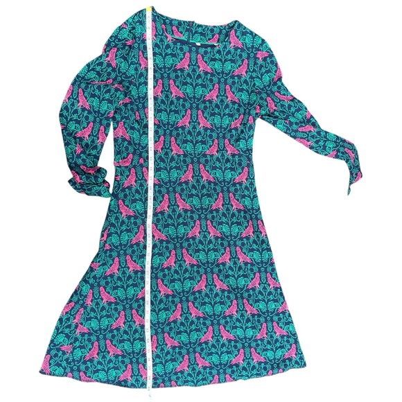 Boden Annie Jacquard A-Line Long Sleeve Teal and Pink Bird Print Dress Size 6R - Picture 13 of 16